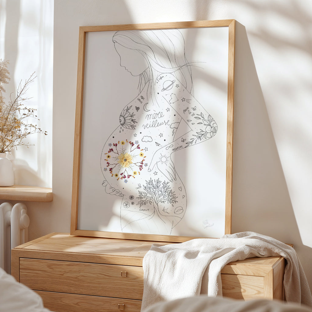 Affiche maternité "Mère-Veilleuse" – Mandala herbier de fleurs séchées