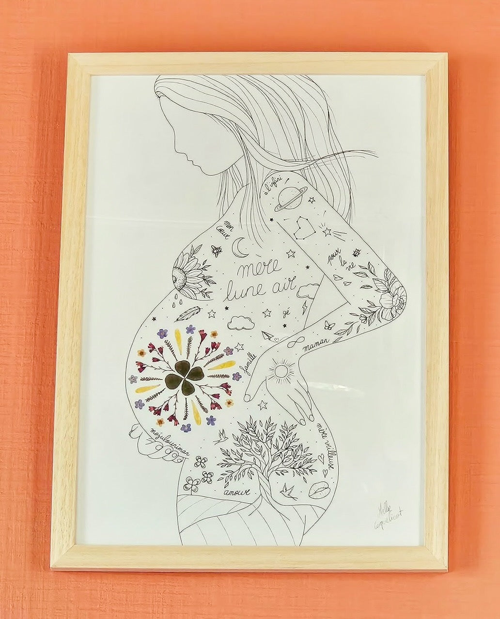 Affiche personnalisée Mère Lune Air avec composition florale unique, créée par Wild Poppy pour une cliente à Chambry.